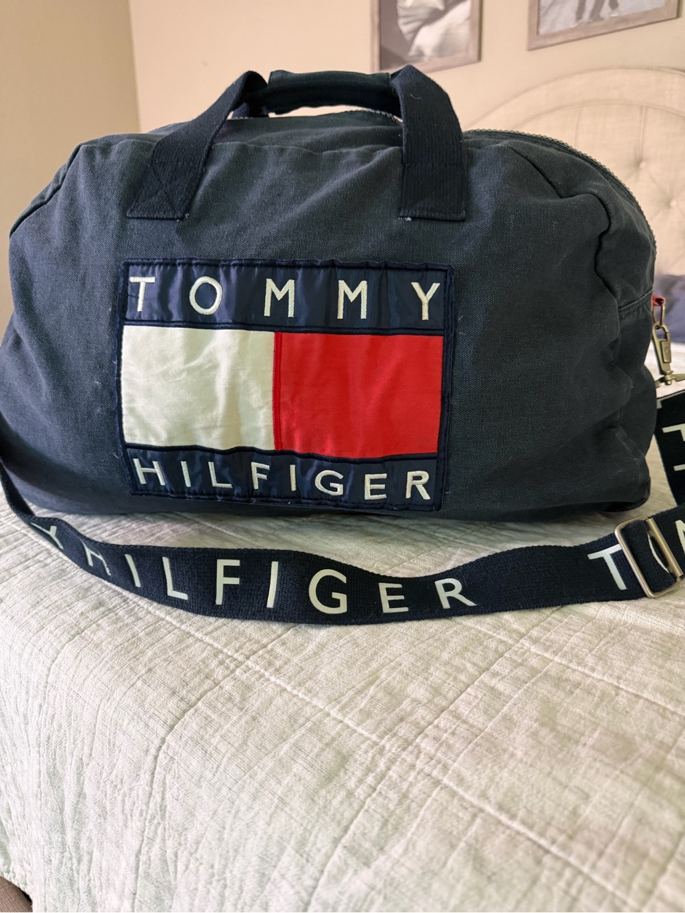 Vintage 90’s Tommy Hilfiger Navy Canvas Duffel with Red and White Flag Patch